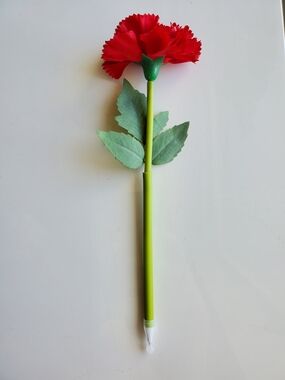 Red Carnation Flower Pen with Green Stem and Leaves